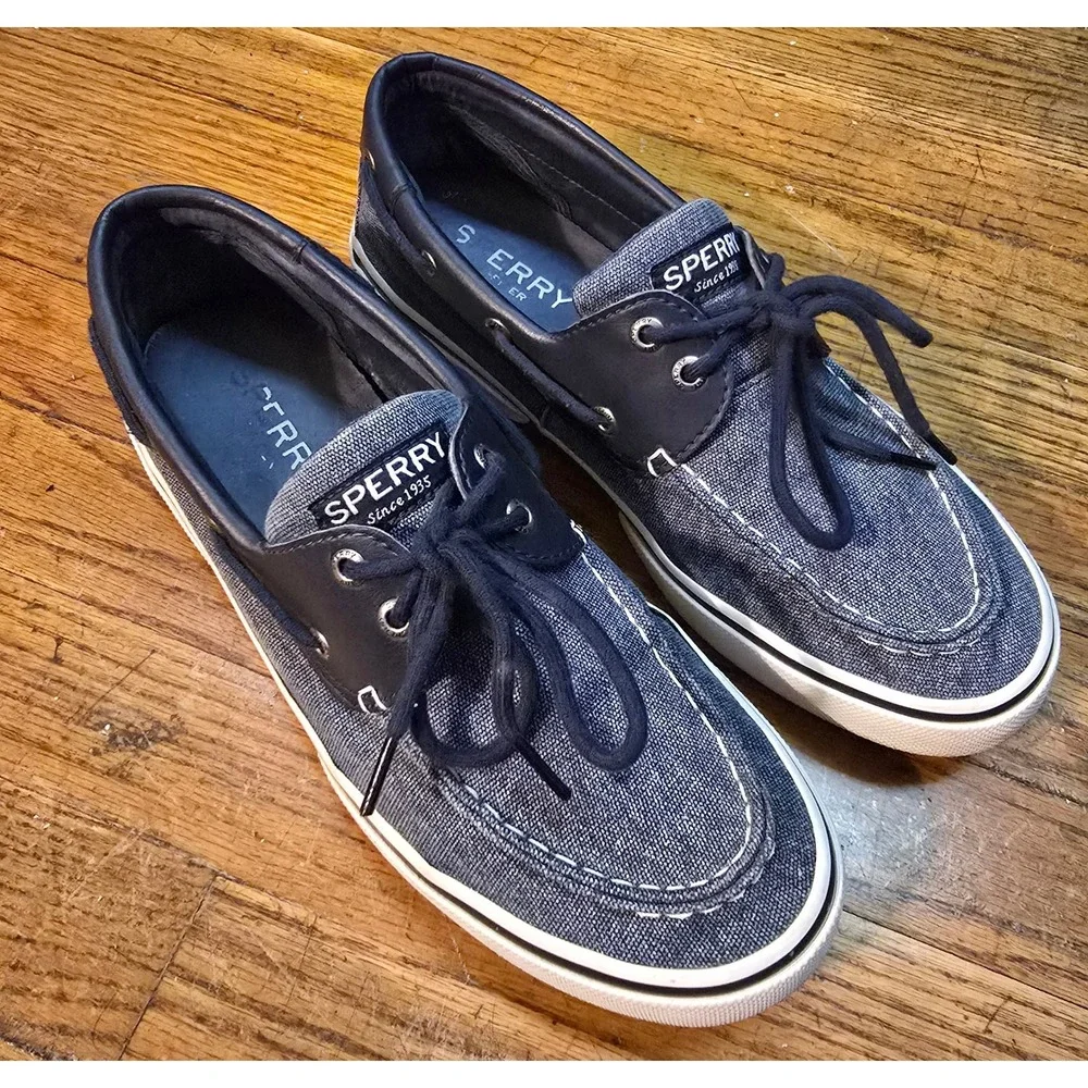 Sperry Top-Sider Mens Denim Textile Leather Boat Shoes Navy Blue Loafers 9.5